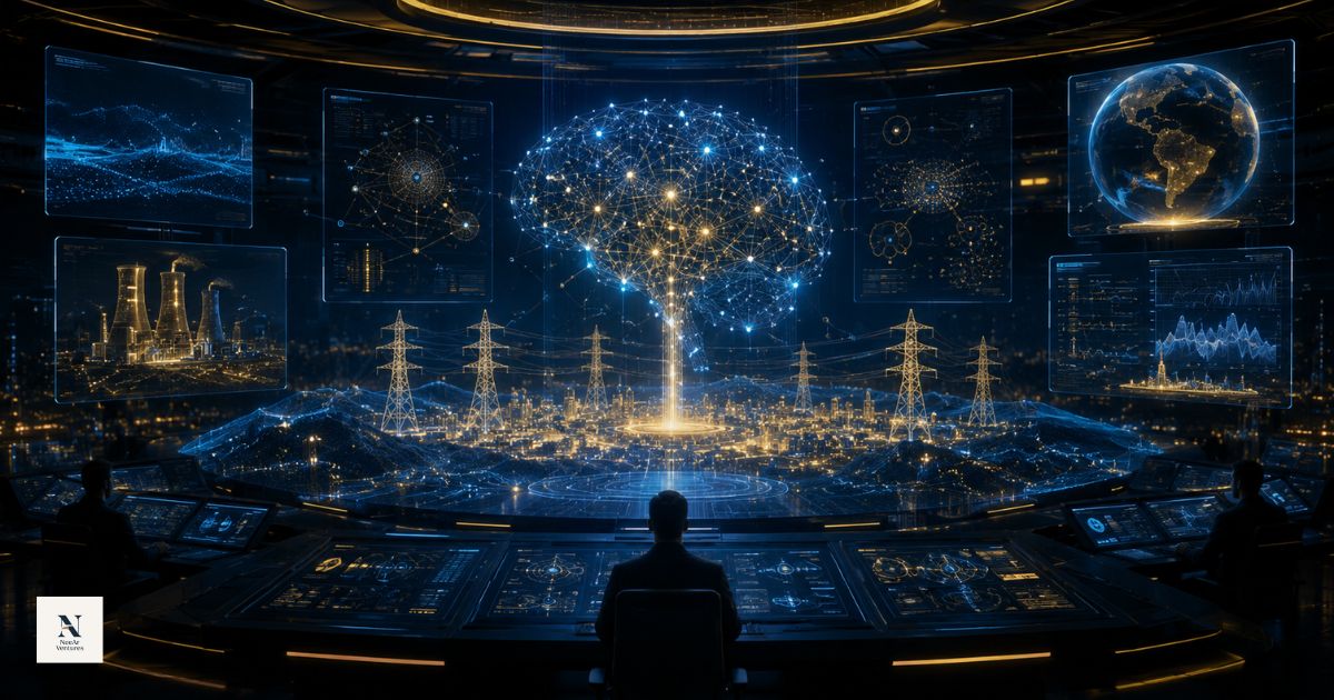 Futuristic control room with holographic AI interfaces and infrastructure visualization