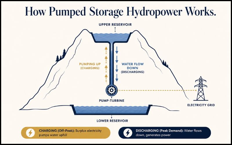 Diagram showing how a pumped storage hydropower plant works — upper reservoir, lower reservoir, pump-turbines, and grid connection