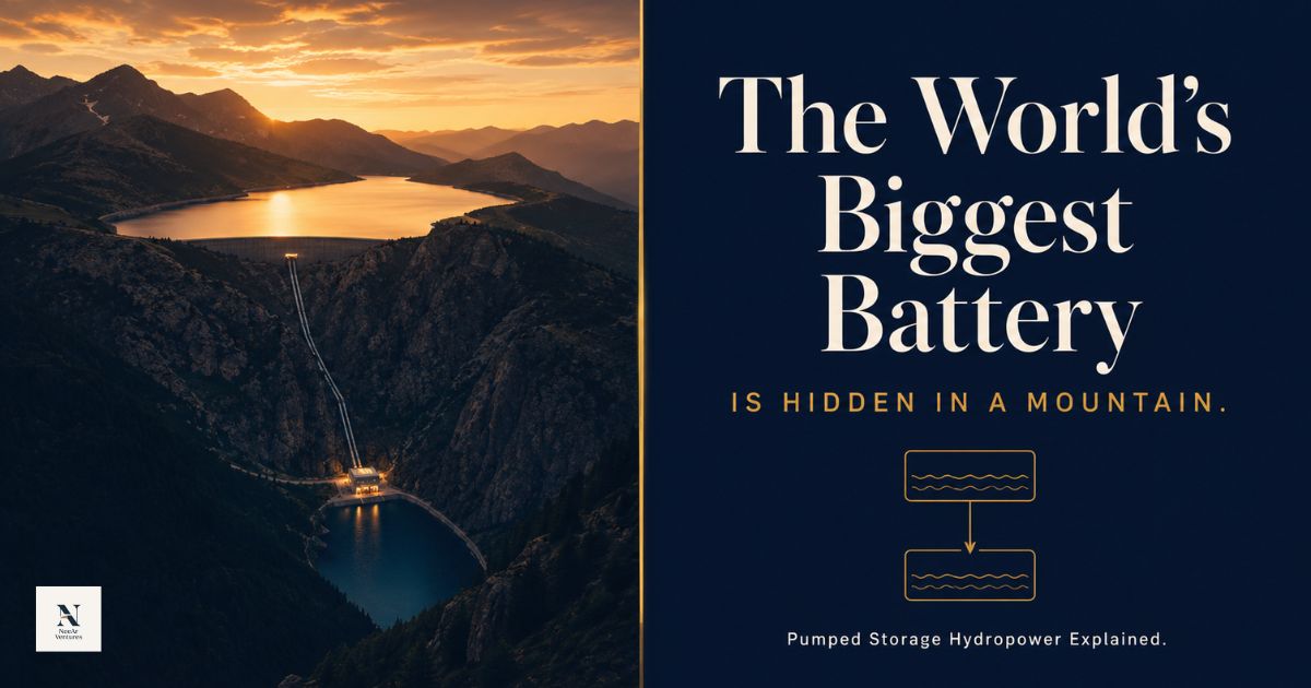 Dramatic mountain landscape showing two reservoirs connected by a tunnel — symbolising pumped storage hydropower