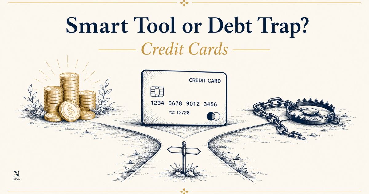 Credit card sitting at crossroads between financial freedom and debt trap