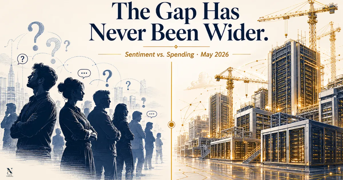 A divided scene showing crowds pushing back against AI hype on one side and massive data-centre infrastructure expansion on the other, representing the widening gap between public sentiment and capital spending in 2026.