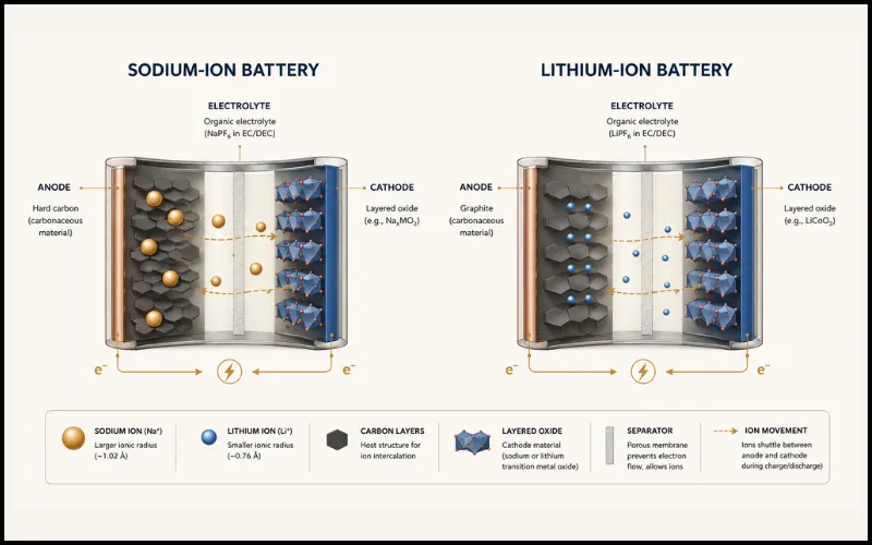 Diagram comparing sodium-ion and lithium-ion battery structure showing ion movement between anode and cathode through electrolyte