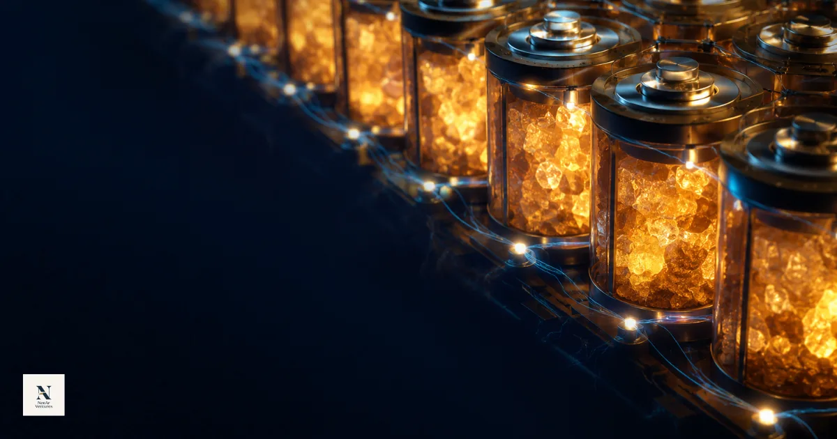Close-up of sodium-ion battery cells arranged in a grid, representing the new generation of energy storage technology using abundant sodium chemistry