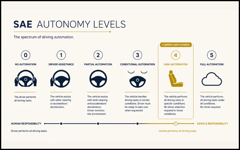 Diagram showing the SAE autonomy level spectrum from Level 0 to Level 5 with current 2026 deployment status for each level