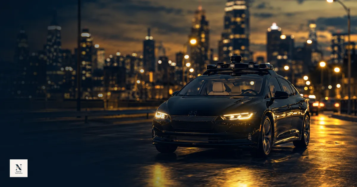 A sleek autonomous vehicle moving through a modern city at dusk, sensors and cameras visible, representing the current state of self-driving technology in 2026