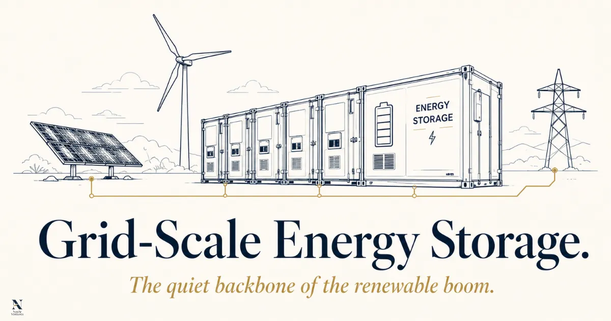 Rows of large grid-scale battery storage containers connected to electrical infrastructure beside solar panels and wind turbines.