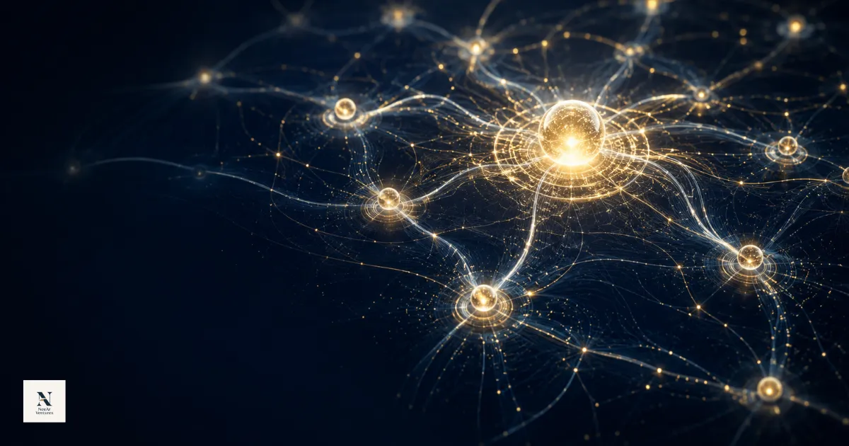 An abstract visualisation of interconnected AI agents as glowing nodes in a network, representing agentic AI systems coordinating autonomously to complete complex tasks