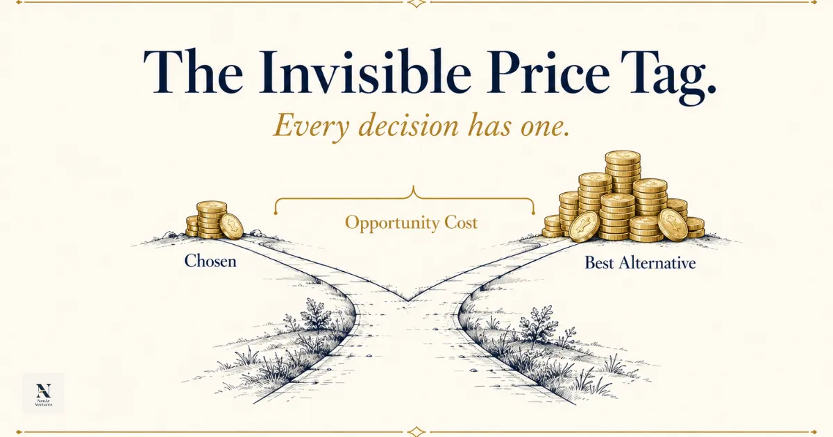 Visual illustration of two diverging paths representing a financial fork in the road — the chosen path and the invisible cost of the path not taken