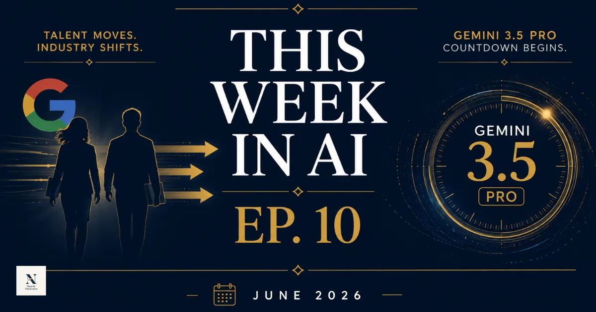 A composite editorial image representing the four main AI stories of June 21-27 2026: a countdown clock for Gemini 3.5 Pro, silhouettes of researchers switching labs, a Satya Nadella quote, and the OpenAI and Getty logos together.