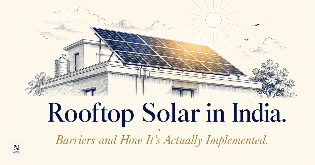 Rooftop solar panels installed on an Indian residential building under clear daytime sky