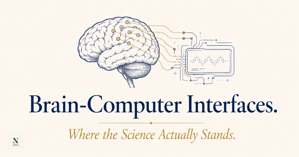 Illustration of a brain-computer interface showing electrode signals connecting a human brain to an external digital display
