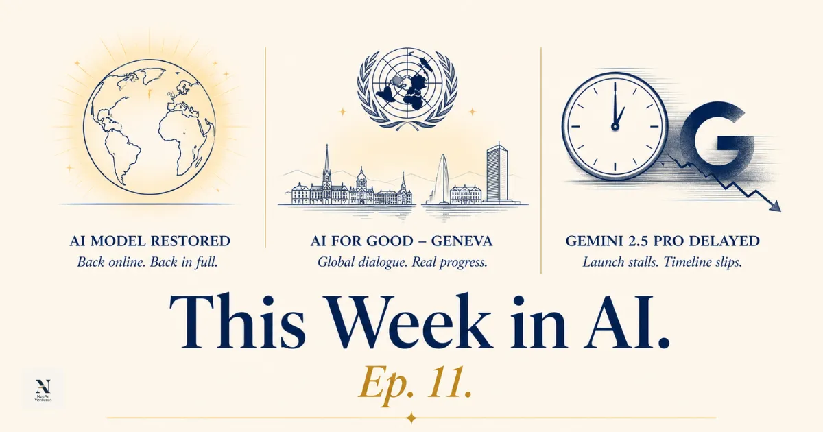 A composite editorial image representing this week's four main AI stories: a globe restored to full brightness for Fable 5's return, the UN emblem over a Geneva skyline, a stalled Google 'G' logo, and a government seal beside an AI chip representing the jailbreak severity framework.