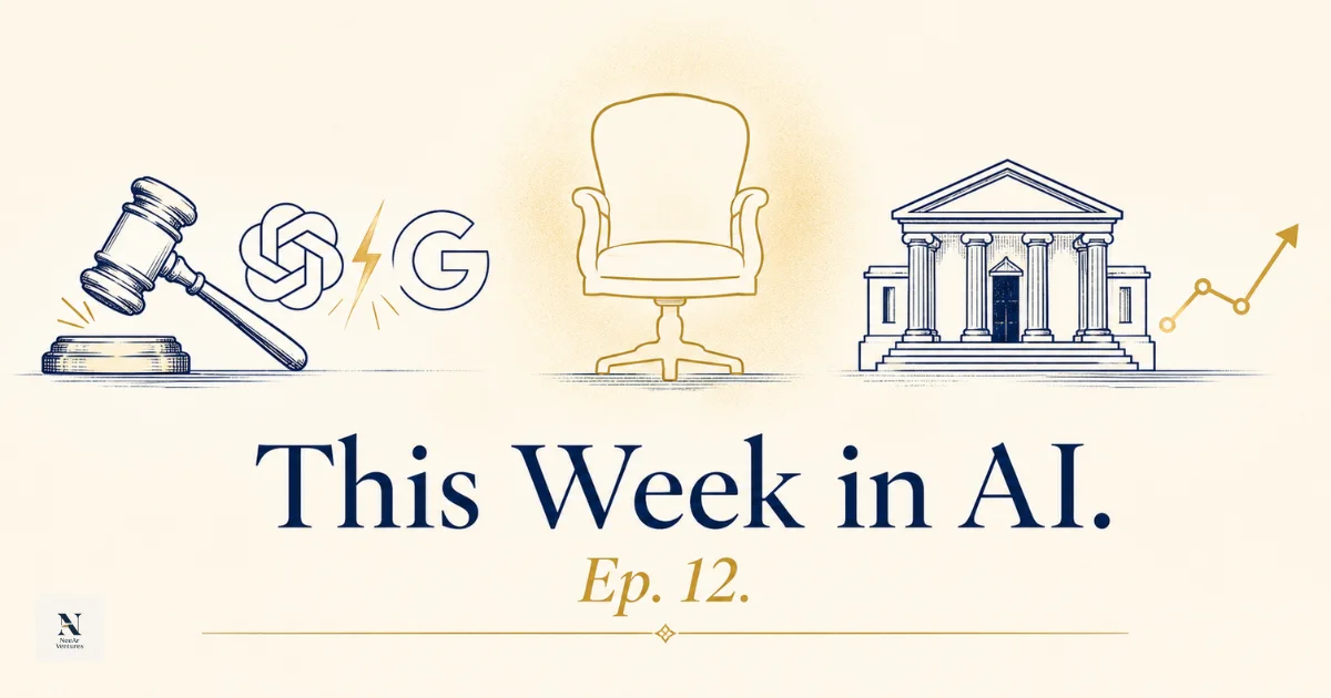 A composite editorial image representing this week's five main AI stories: a courtroom gavel beside stylized Apple and OpenAI icons, an empty chair representing a safety leadership departure, the Federal Reserve seal beside a venture capital icon, a document auto-completing itself representing an AI work agent, and a simplified China regulatory stamp.