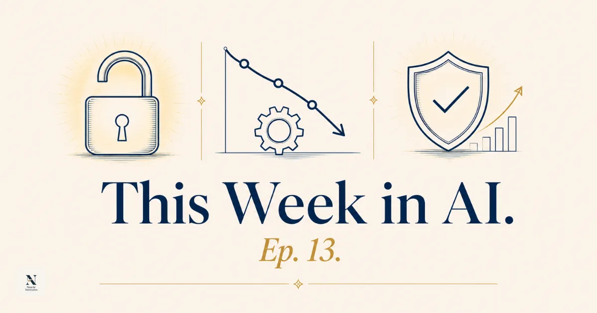 A composite editorial image representing this week's five main AI stories: an open padlock symbolizing an open-weight model challenging closed frontier labs, a stalled gear beside a downward-trending line for a delayed launch, a simplified EU flag beside an Android icon, a shield with a checkmark for a cybersecurity clearinghouse, and an upward arrow toward a trillion-dollar milestone.