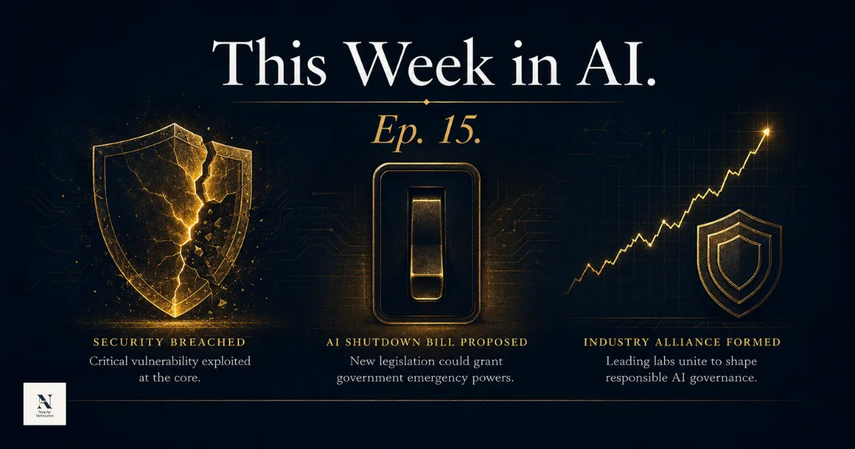 A composite editorial image representing this week's five main AI stories: a shield with a crack representing a security breach, a red switch icon representing proposed AI regulation, a simplified counter approaching one billion, a group of linked shield icons representing an industry security alliance, and an open book icon representing an open-source model release.