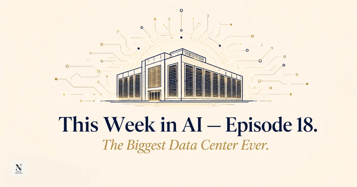 Editorial illustration representing this week's AI industry developments: massive data center infrastructure, a major coding acquisition, and AI agent standards.
