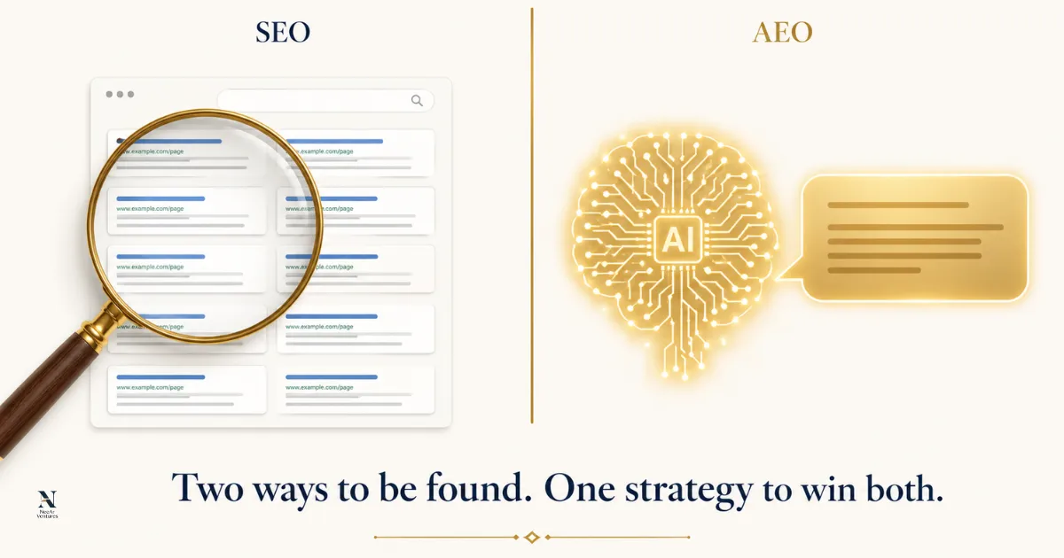 SEO vs AEO comparison — two search paradigms showing traditional ranking vs AI answer extraction